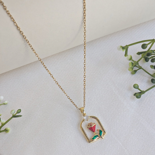 Gold Plated Red Rose Enamel Framed Pendant For Girls & Women