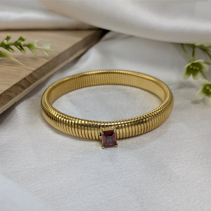 Gold Finish Kada Style Coil Bracelet With Cubic AD Stone For Girls & Women