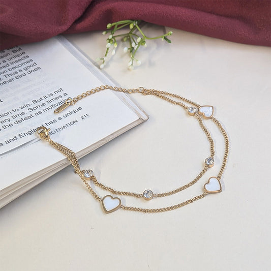 Gold Finish White Enamel Heart Anklet With Stone Accents For Girls & Women