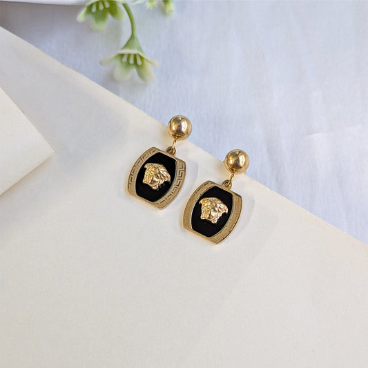 Gold-Tone Black Enamel Lion Head Statement Drop Earrings for Girls & Women