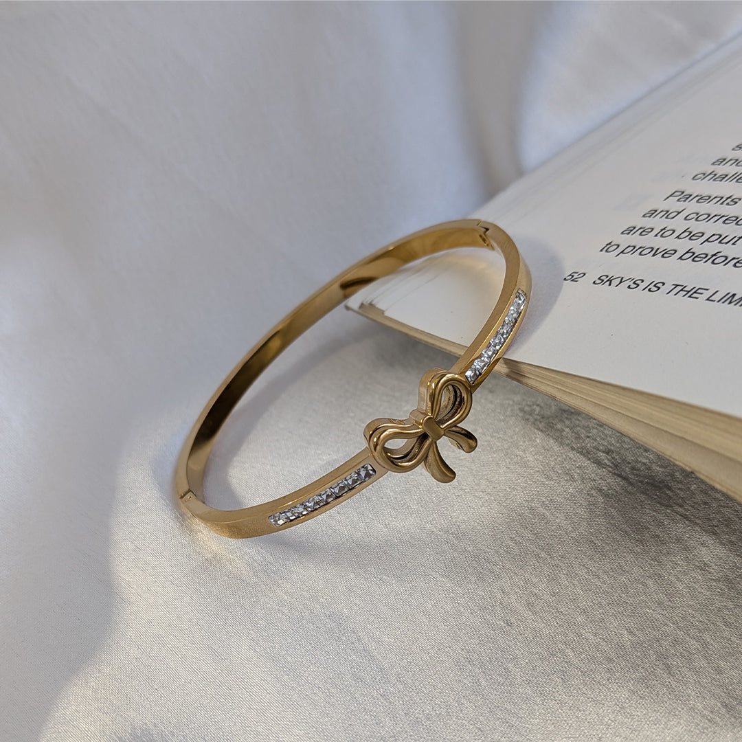 Gold Plated Elegant Bow Charm Gold Cuff Bracelet with AD Stones For Girls & Women
