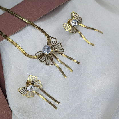 Gold Plated Bow Design Crystal Pendant & Earring Set for Women