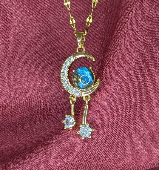 Gold Plated Blue Stone Crescent Moon & Star Pendant Necklace for Women & Girls