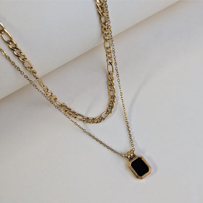 Minimalist Dual-Chain Necklace with Black Stone Pendant For Girls & Women