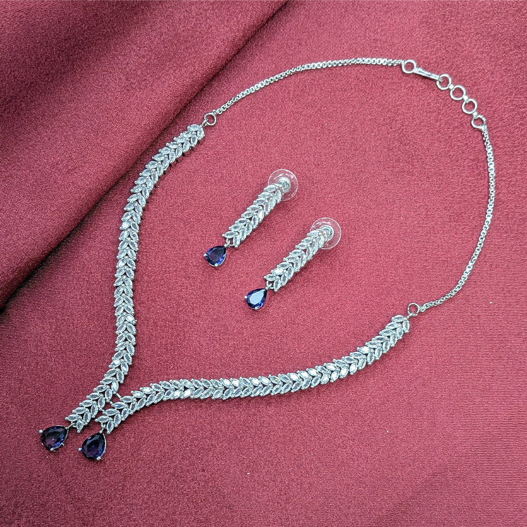 Silver Finish Leaf Design AD Teardrop Stones Necklace Set for Girls & Women
