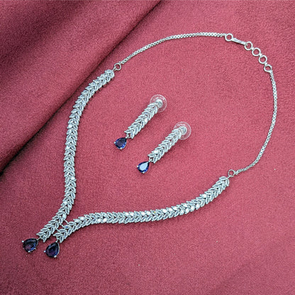 Silver Finish Leaf Design AD Teardrop Stones Necklace Set for Girls & Women