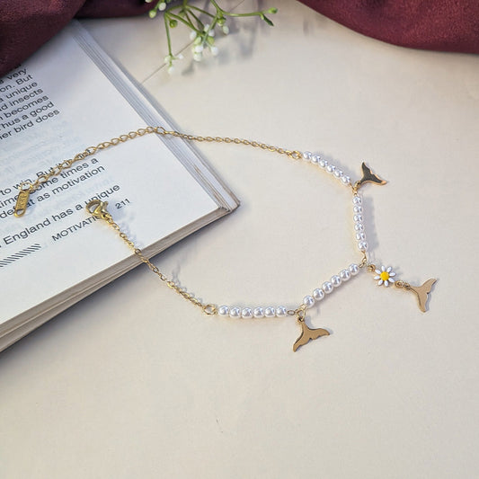 Gold Finish Dolphin Tail & Daisy Charm Pearl Anklet For Girls & Women