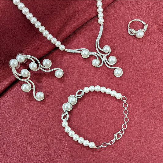 Silver Finish Classic Pearl AD Stone Jewellery Set with Earrings, Bracelet & Ring for Girls & Women