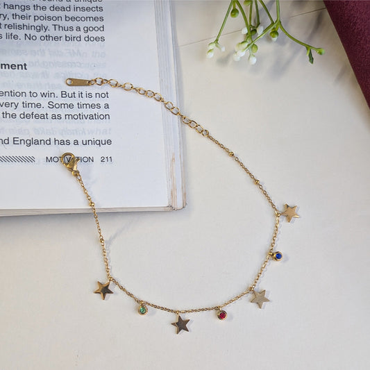 Gold Finish Star Charm Anklet with Colorful Stones Accents For Girls & Women