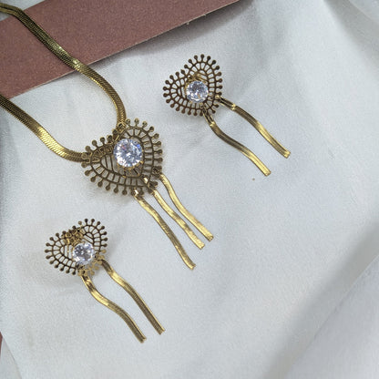 Gold Plated Filigree Heart Crystal Pendant & Earring Set for Women