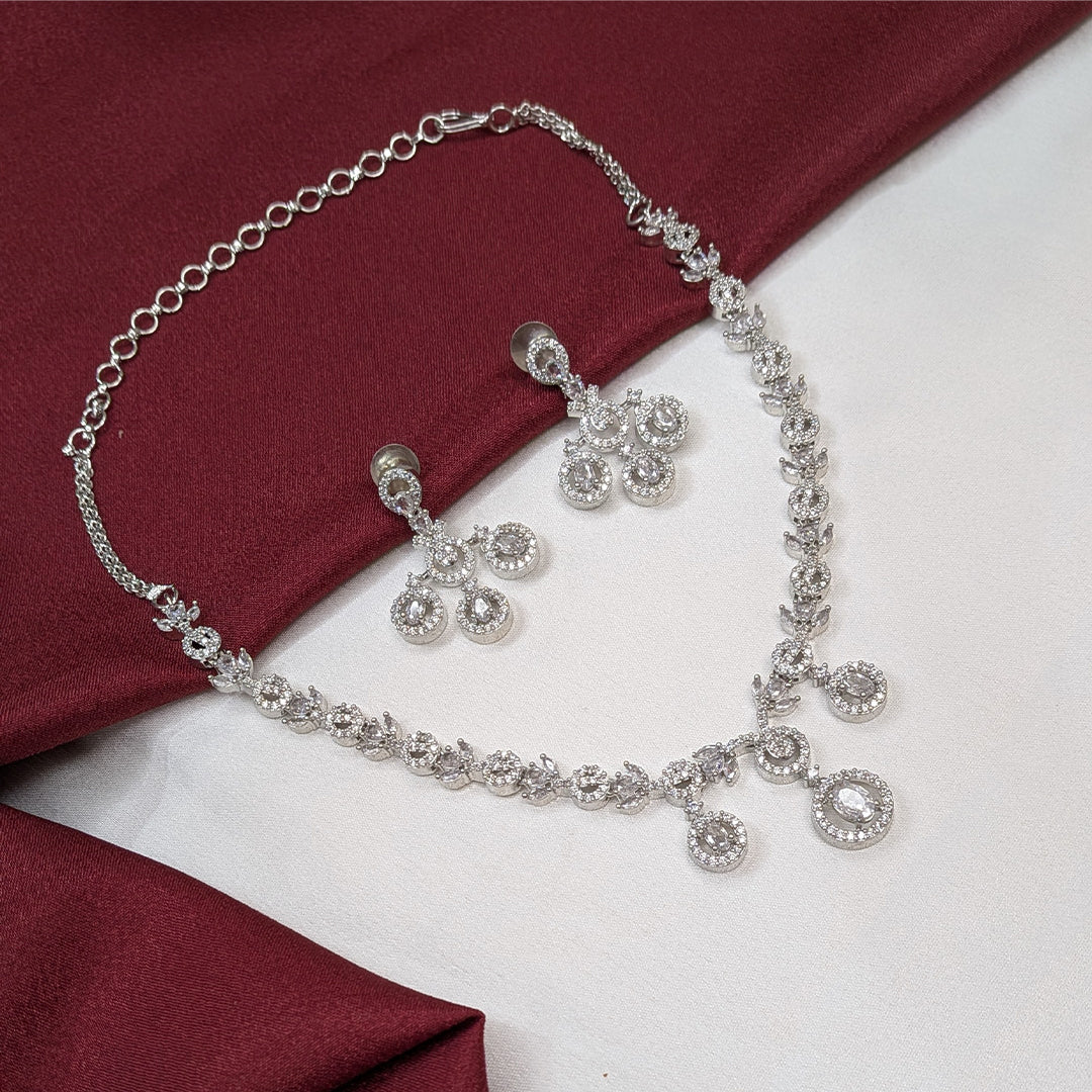 Silver Tone American Diamond Circular Drop Necklace Set with Matching Earrings