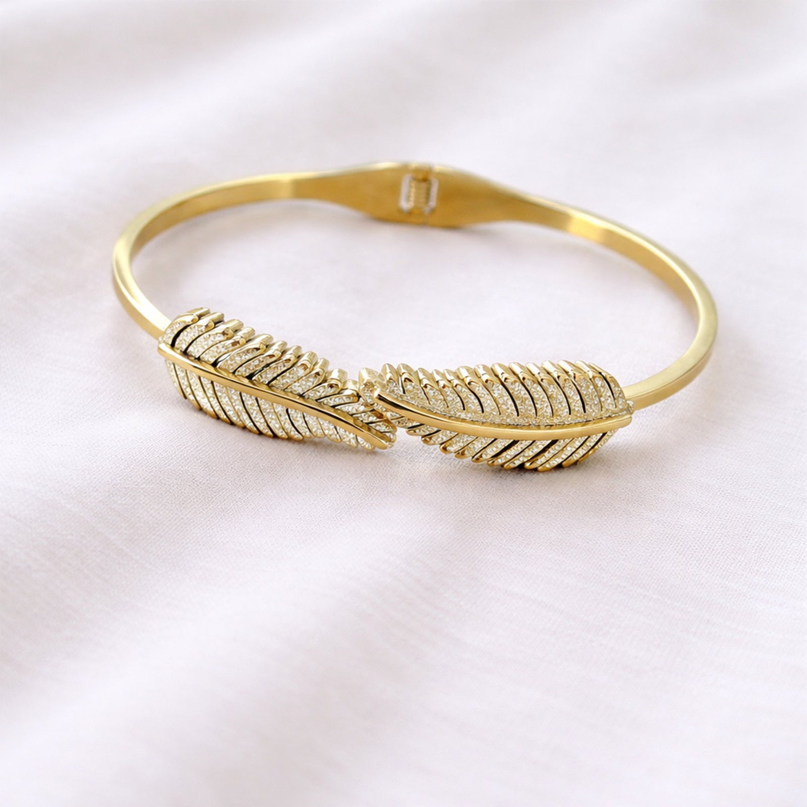 18K Gold Plated Feather Design Open Cuff Bracelet for Women & Girls