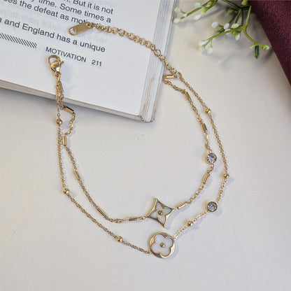 Gold Finish Clover & Star Layered Anklet For Girls & Women