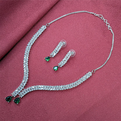 Silver Finish Leaf Design AD Teardrop Stones Necklace Set for Girls & Women