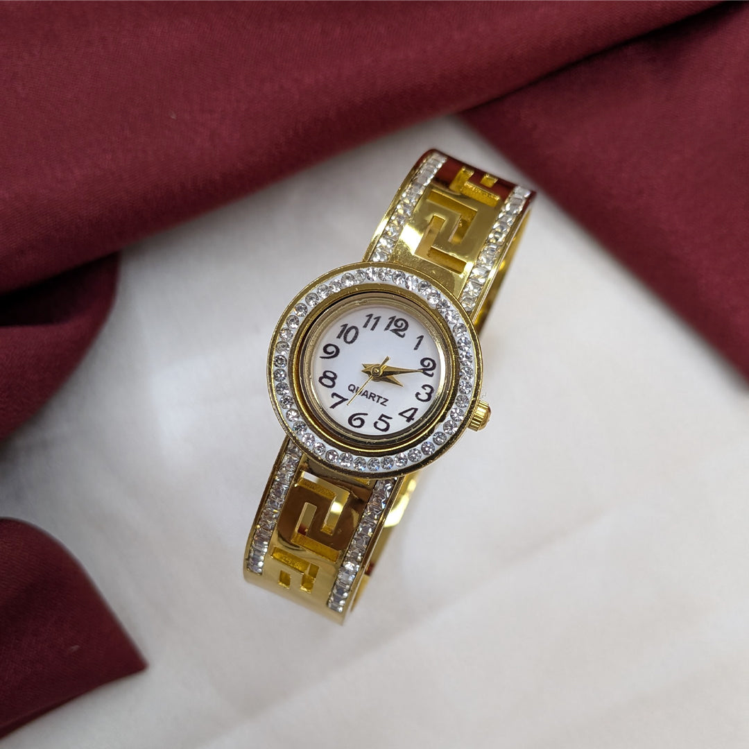Luxury Analog AD Studded Geometric Dual Lines Design Band Bracelet Watch For Girls & Women