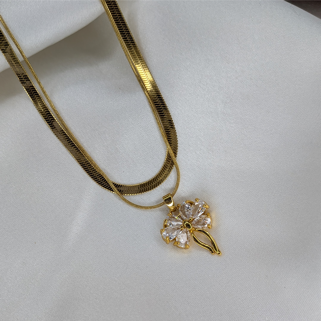 Gold Plated Dual Layered Crystal Bow Knot Stainless Steel Pendant For Girls & Women