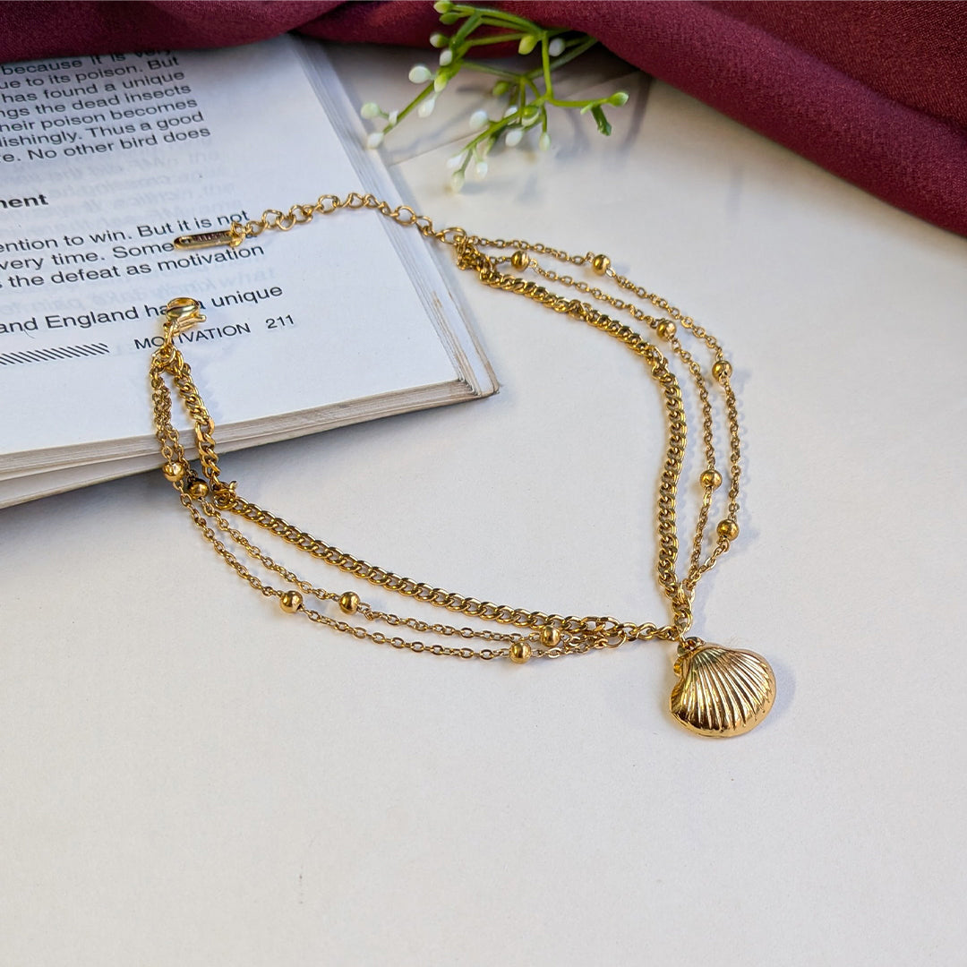 Gold Tone Triple Layer Scallop Shell Anklet For Girls & Women