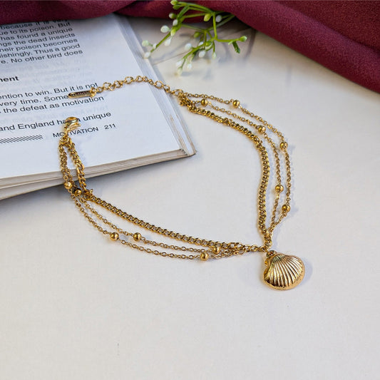 Gold Tone Triple Layer Scallop Shell Anklet For Girls & Women