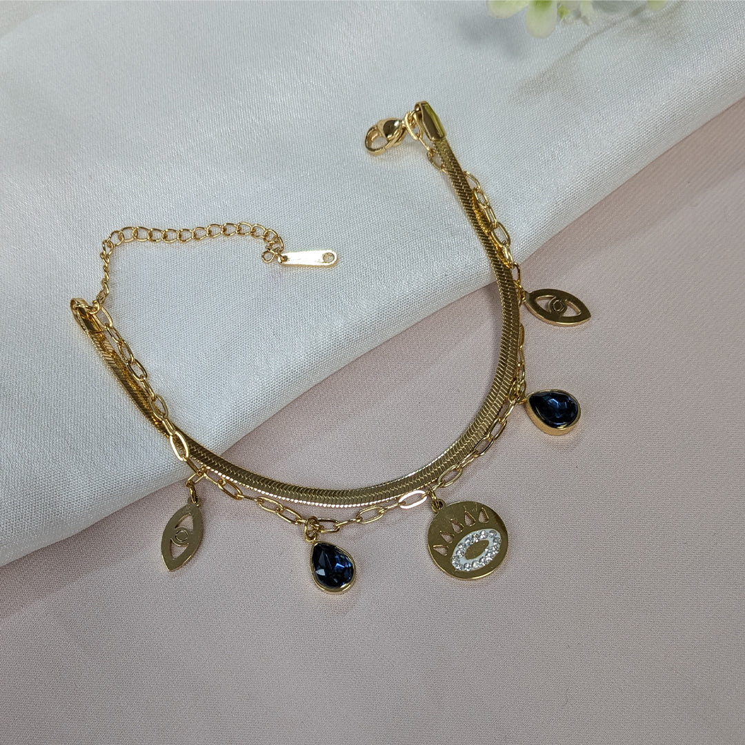 Stylish Gold Finish Evil Eye Charm with Blue Stones Bracelet For Girls & Women (Anti-Tarnish)