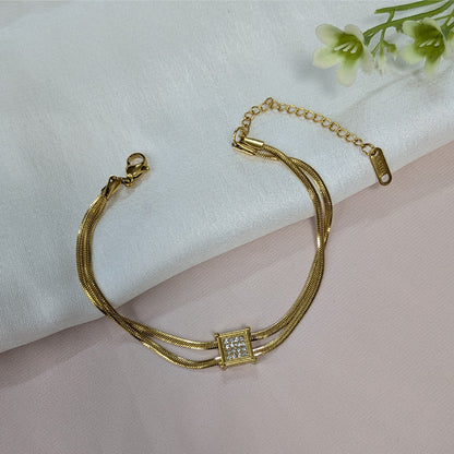 Gold Finish Pave Square Centerpiece Double Chain Bracelet For Girls & Women (Anti-Tarnish)