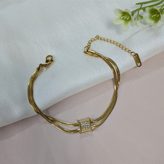 Gold Finish Pave Square Centerpiece Double Chain Bracelet For Girls & Women (Anti-Tarnish)