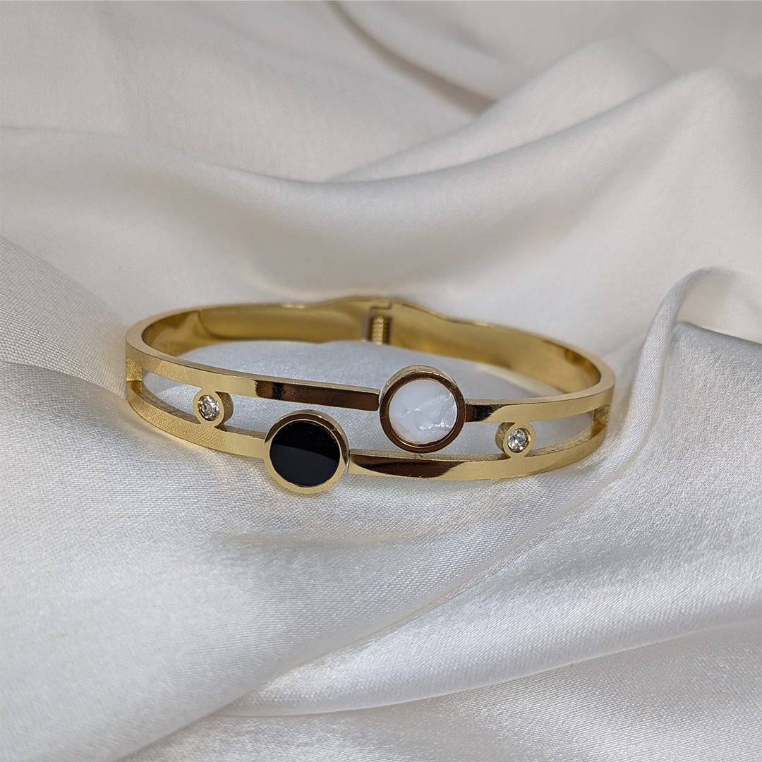 Minimalist Gold Cuff Bracelet with Black & White Enamel Accents For Girls & Women