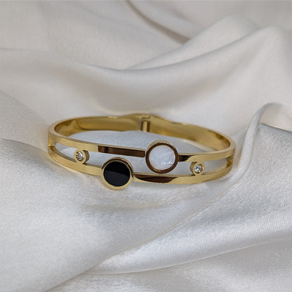 Minimalist Gold Cuff Bracelet with Black & White Enamel Accents For Girls & Women