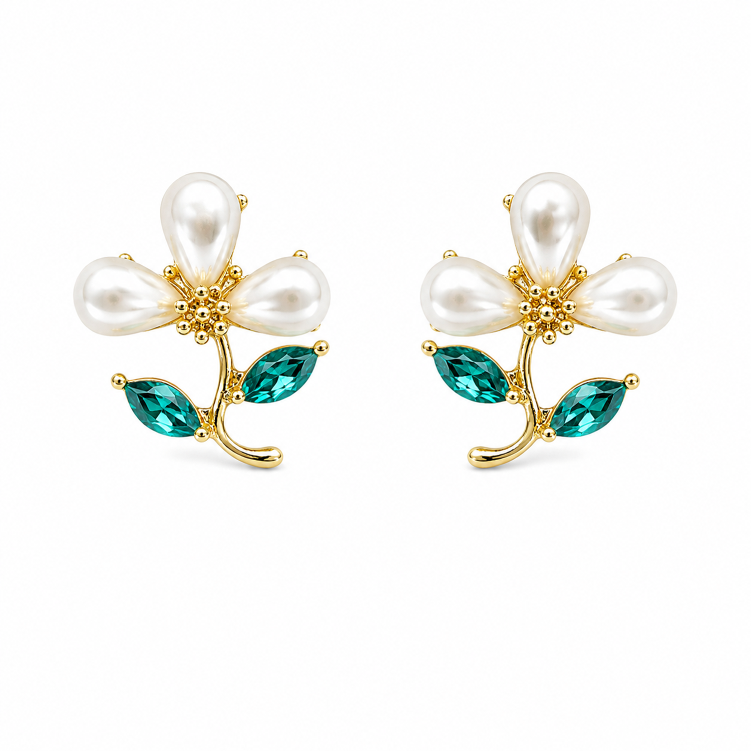 Green Leaves Daisy Pearl Floral Stud Earrings For Girls & Women