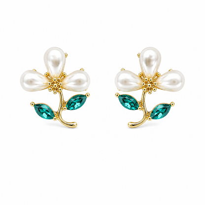 Green Leaves Daisy Pearl Floral Stud Earrings For Girls & Women