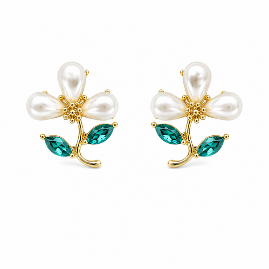 Green Leaves Daisy Pearl Floral Stud Earrings For Girls & Women