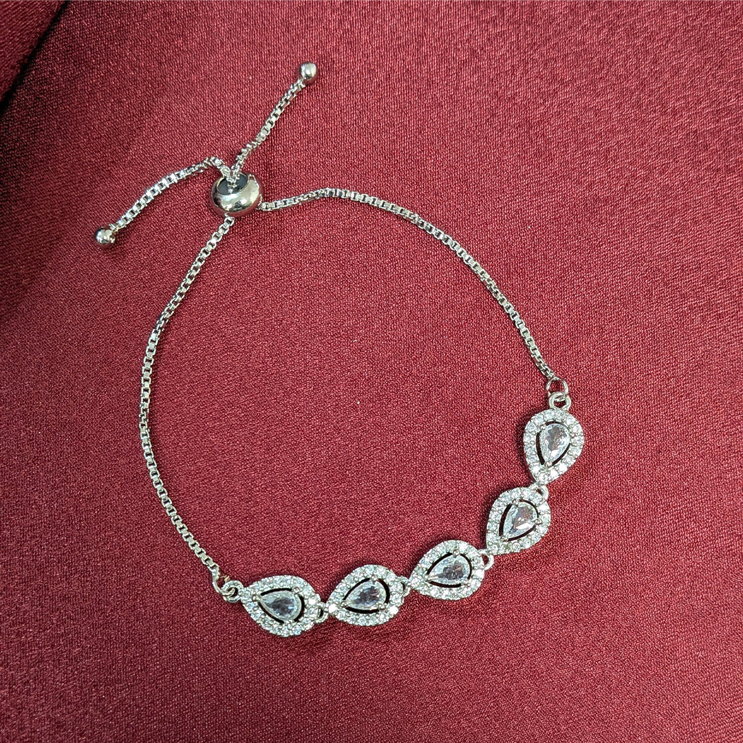 Silver Finish Teardrop Stone & AD Studded Adjustable Bracelet for Girls & Women