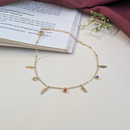 Minimalist Gold Tone Feather Charm Anklet With Stone Accents For Girls & Women