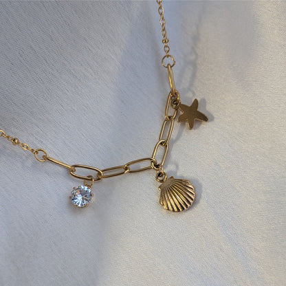 Gold Plated Layered Seashell & Starfish Charm Pendant For Girls & Women