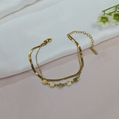 Gold Finish Dual Layered Lucky Clover & Flat Snake Chain Bracelet For Girls & Women (Anti-Tarnish)