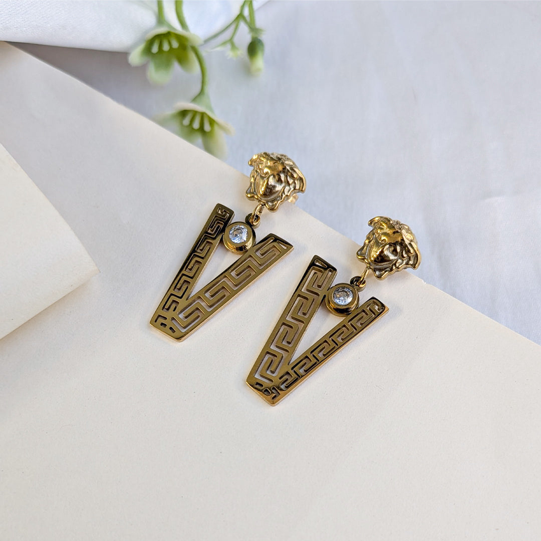Gold Tone Elegant Greek Key Pattern Statement Earrings for Girls & Women