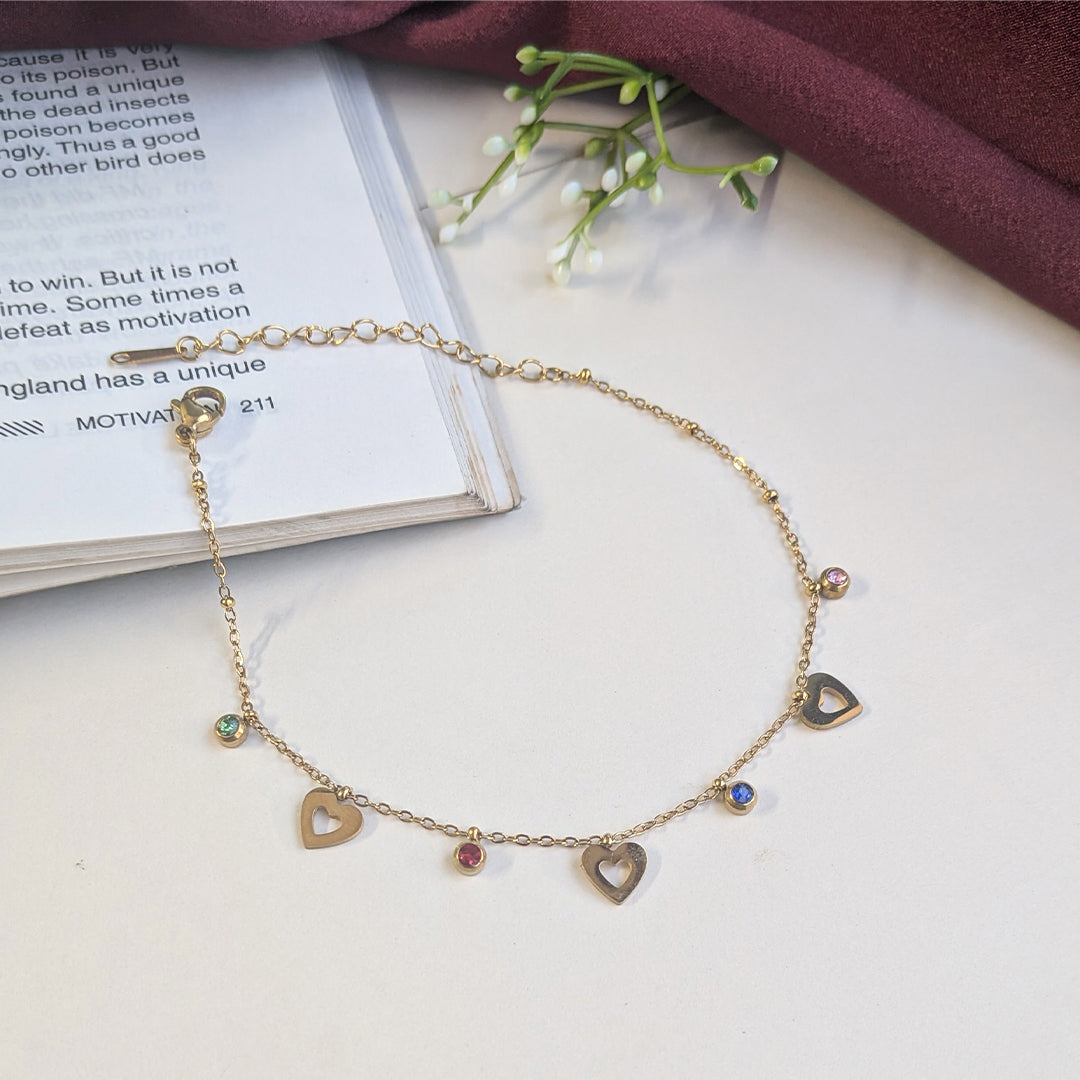 Gold Finish Flower Clover Charm Anklet With Stone Accents For Girls & Women