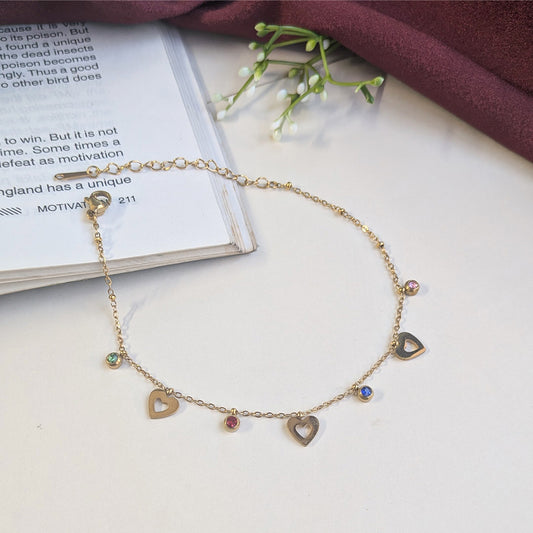 Gold Finish Flower Clover Charm Anklet With Stone Accents For Girls & Women