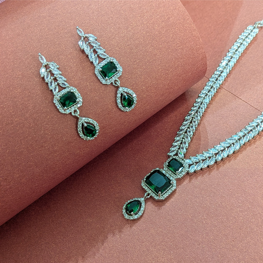 AD Luxe Square & Teardrop Gemstone Necklace With Matching Earrings For Women