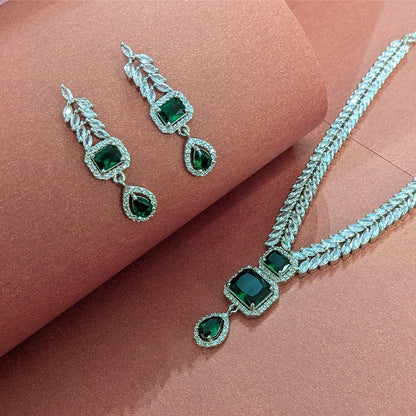 AD Luxe Square & Teardrop Gemstone Necklace With Matching Earrings For Women