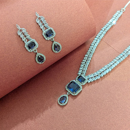 AD Luxe Square & Teardrop Gemstone Necklace With Matching Earrings For Women