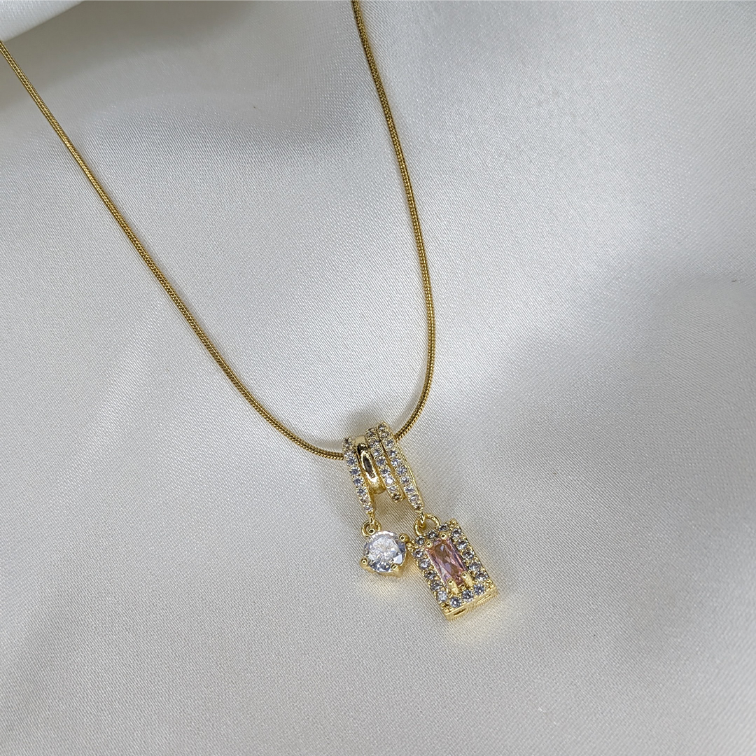 Gold Plated Dual Crystal Barrel & Rectangle Pendant For Girls & Women