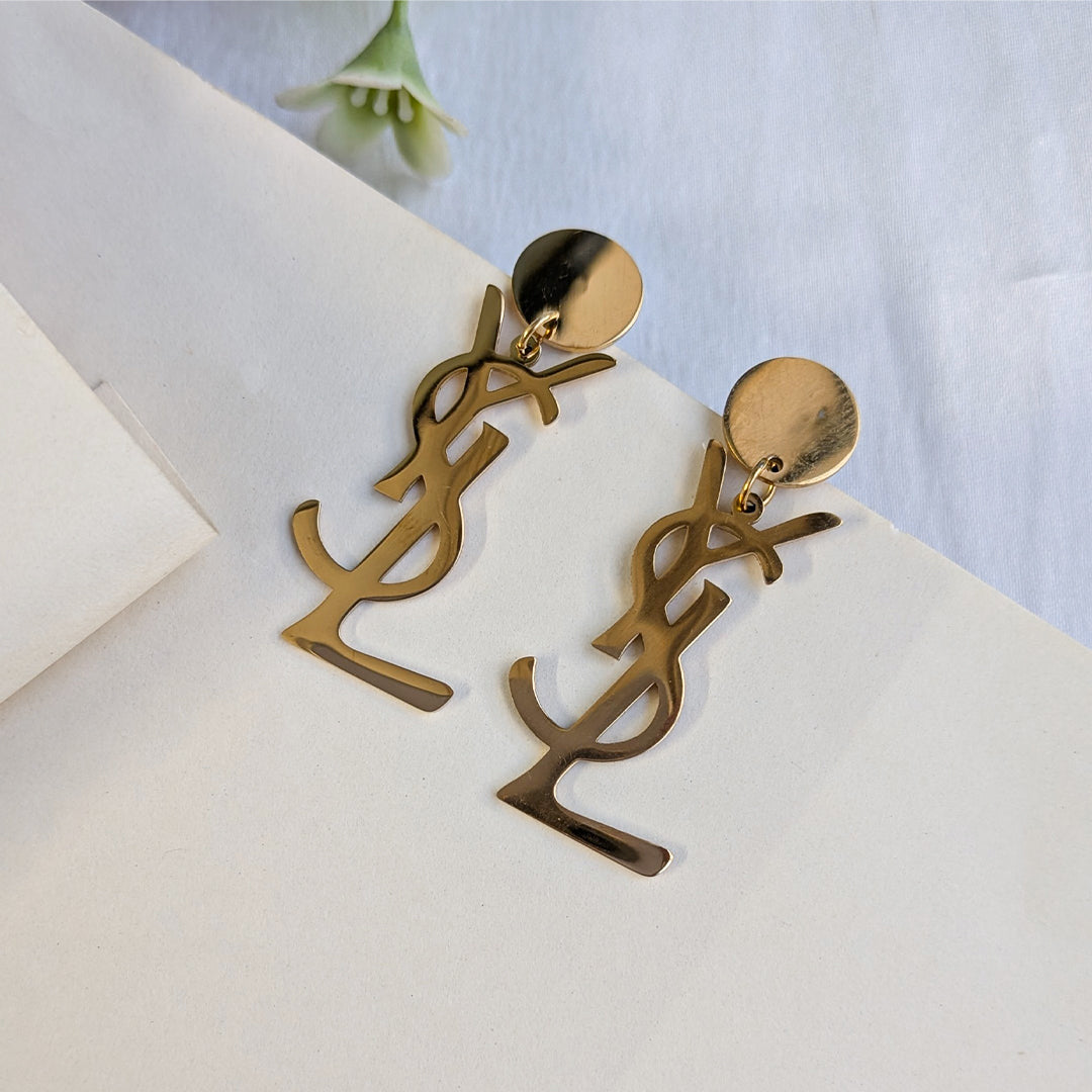 Gold Tone Designer Brand Inspired Drop Earrings for Girls & Women