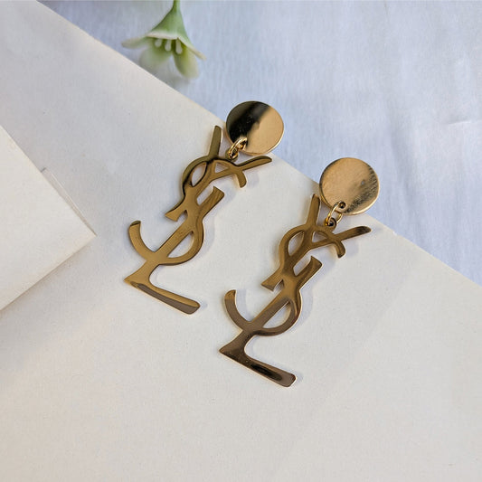 Gold Tone Designer Brand Inspired Drop Earrings for Girls & Women
