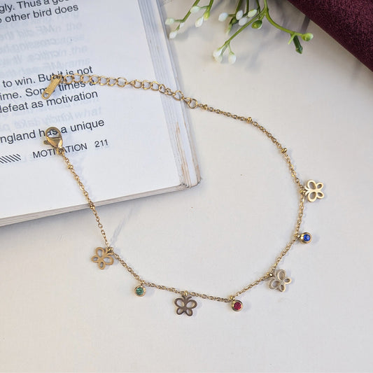 Gold Finish Butterfly Anklet with Gemstones Accents For Girls & Women