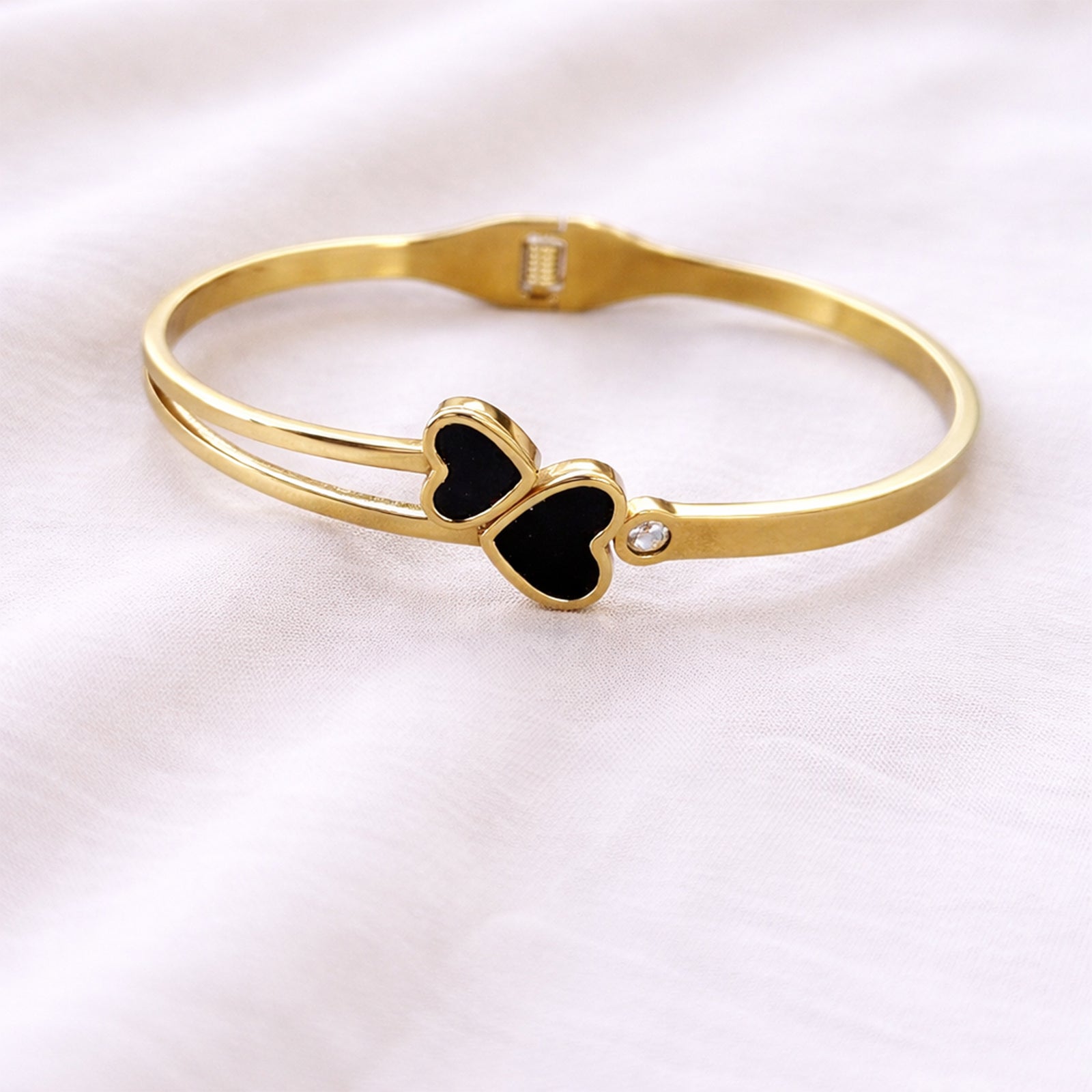 18K Gold Plated Double Heart Open Cuff Bracelet for Women & Girls