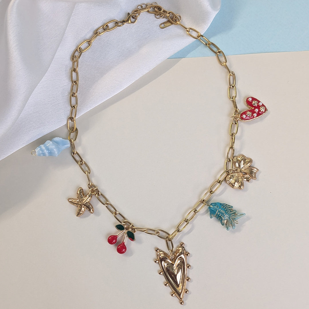 18K Gold Plated Cherry & Seashell Charm Pendant (Anti Tarnish)