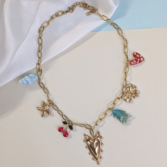 18K Gold Plated Cherry & Seashell Charm Pendant (Anti Tarnish)