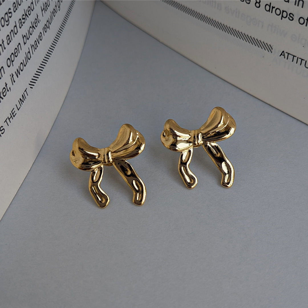 Gold Plated Glossy Ribbon Bow Stud Earrings For Girls & Women (Anti Tarnish)