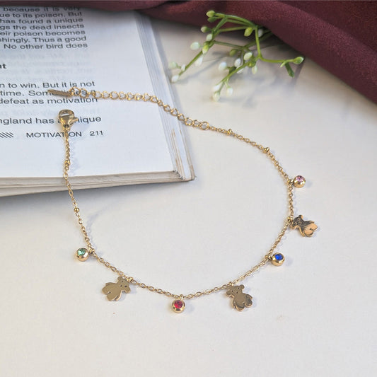 Gold Tone Anti Tarnish Teddy Bear Anklet with Colorful Stone For Girls & Women