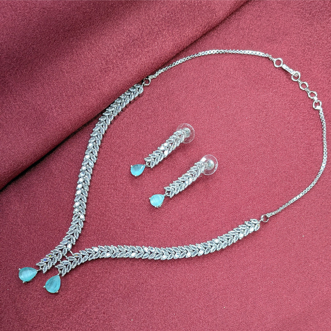 Silver Finish Leaf Design AD Teardrop Stones Necklace Set for Girls & Women